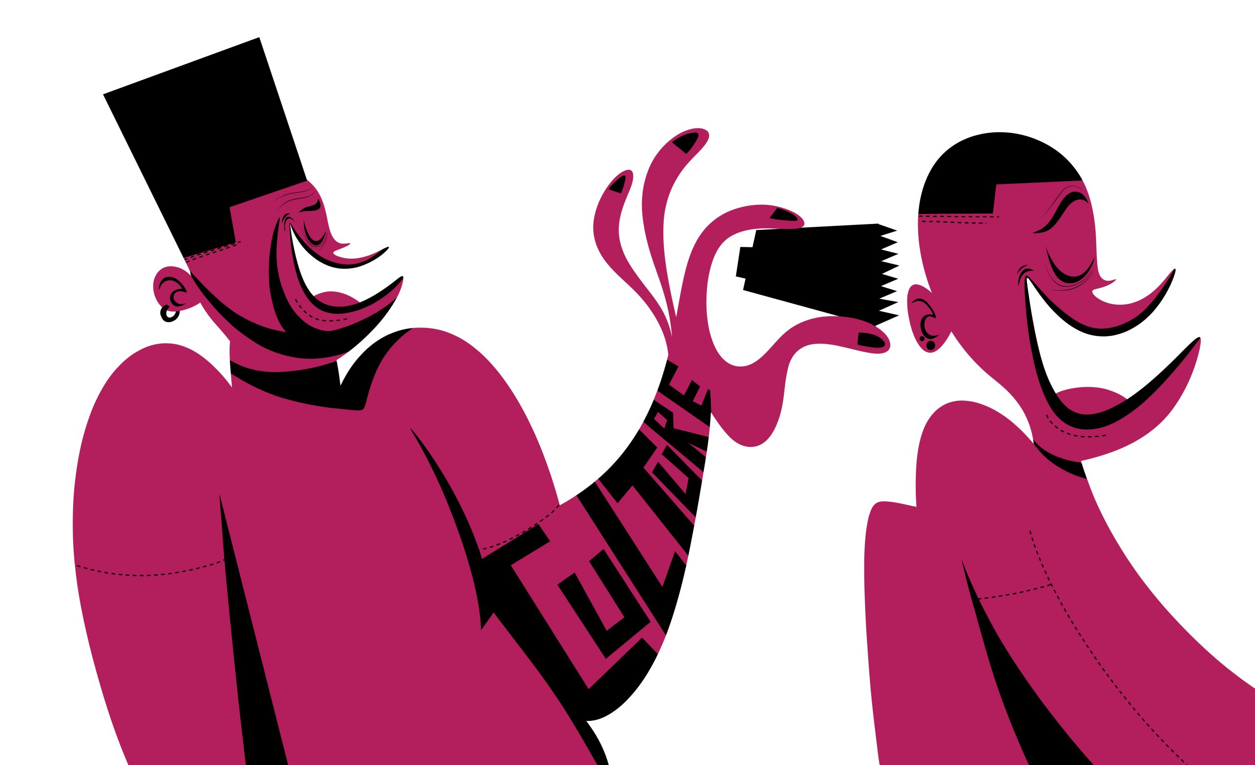Two paper-cut style figures in pink and black; one whispers into the other's ear through a hand shaped like a megaphone, with the word CULTURE lettered down the arm